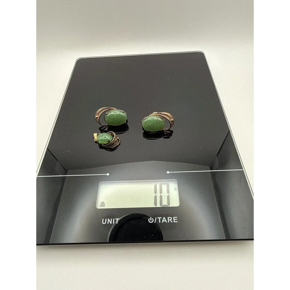 Sorrento Sterling Silver Green‎ Cabuchon Filigree Earrings Pendant Set Vintage